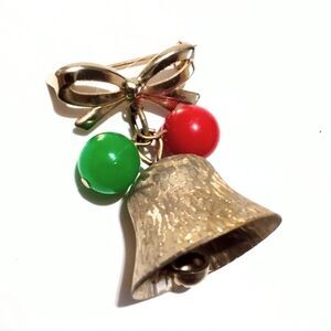 Vintage Gold Tone Floral Textured Beaded Christmas Bell Brooch